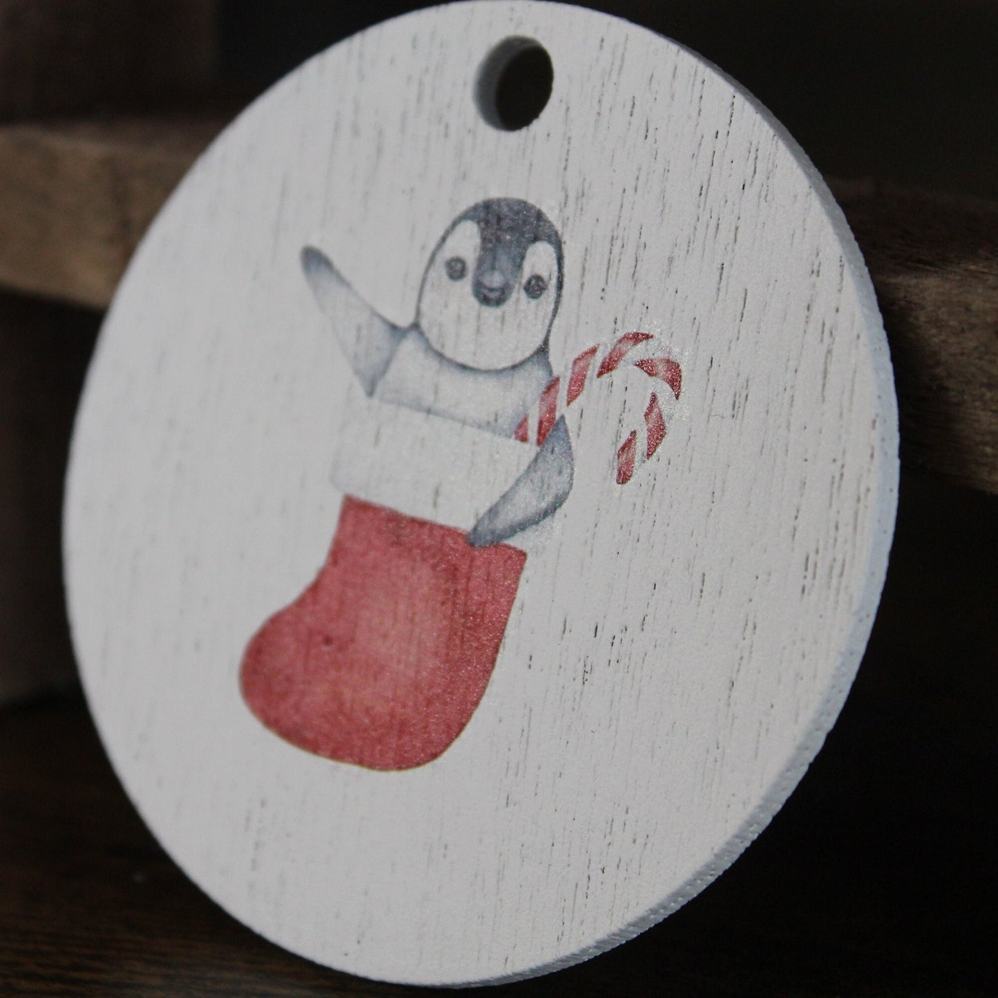 Hello Penguin Stocking Candy Cane Happy Christmas Festive Waving Ornament Decoration White Painted Uv Printed Image Red Holidays