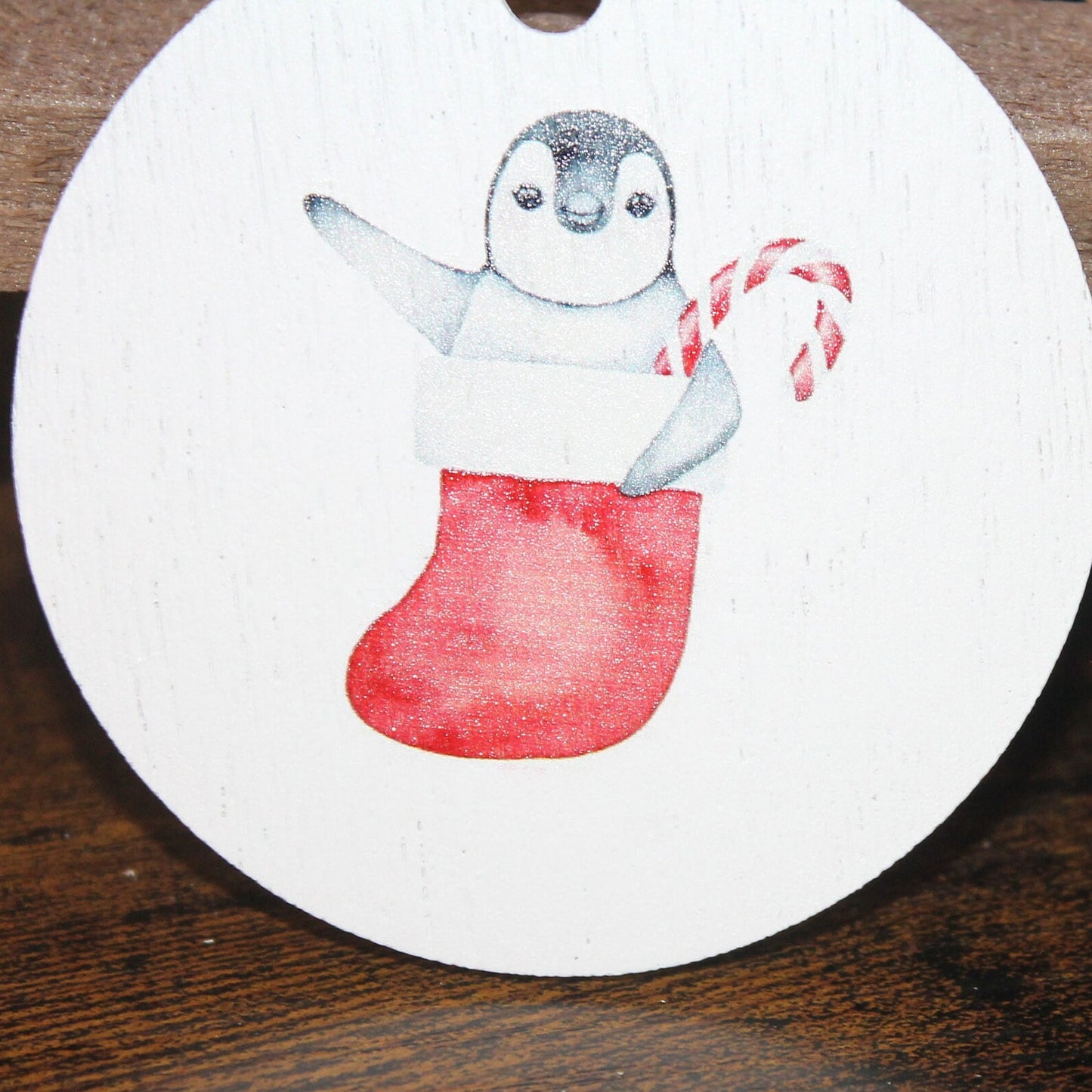 Hello Penguin Stocking Candy Cane Happy Christmas Festive Waving Ornament Decoration White Painted Uv Printed Image Red Holidays