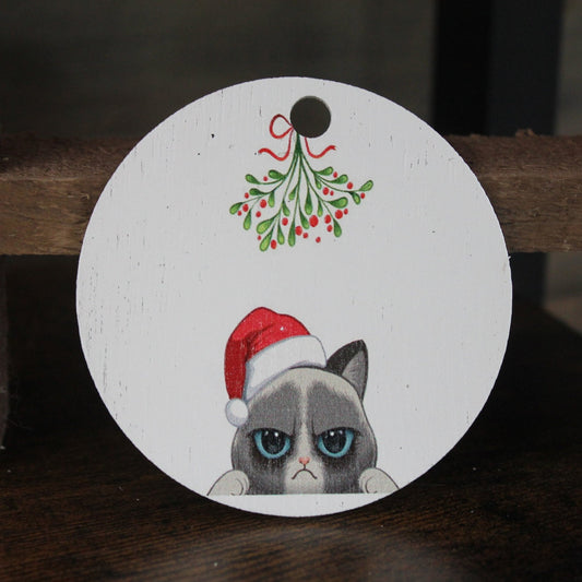 Grumpy Cat Siamese Himalayan Keychain Christmas White Wood Mistletoe Santa Hat Ornament Blue Eyes Feline Decoration Décor Circle Sign Gift