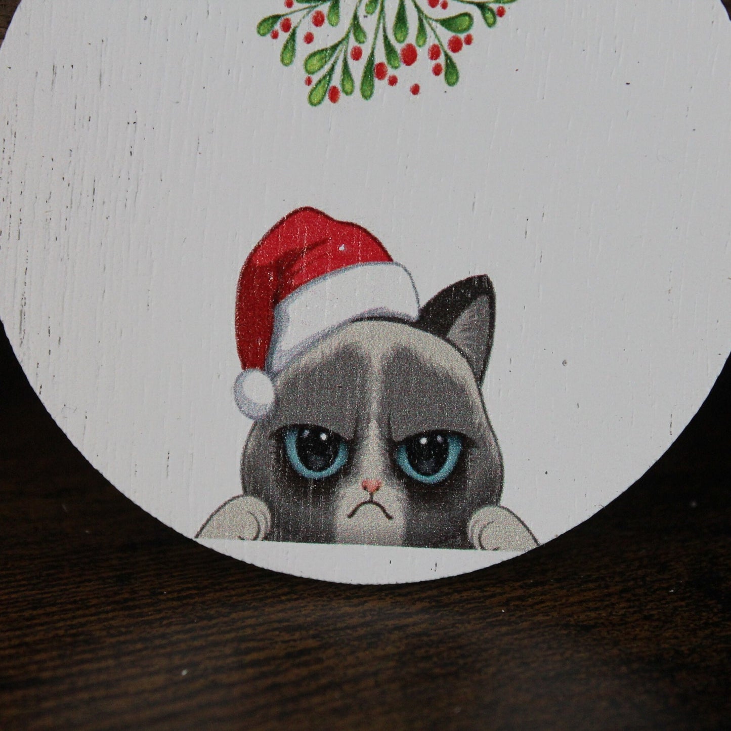Grumpy Cat Siamese Himalayan Keychain Christmas White Wood Mistletoe Santa Hat Ornament Blue Eyes Feline Decoration Décor Circle Sign Gift