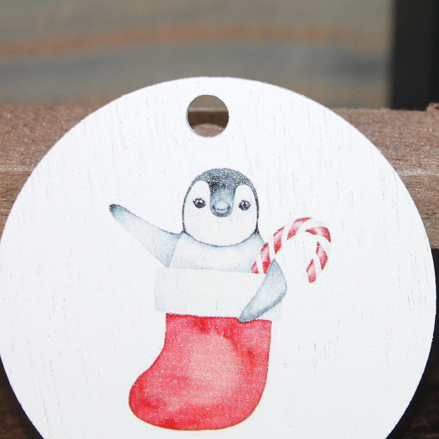 Hello Penguin Stocking Candy Cane Happy Christmas Festive Waving Ornament Decoration White Painted Uv Printed Image Red Holidays