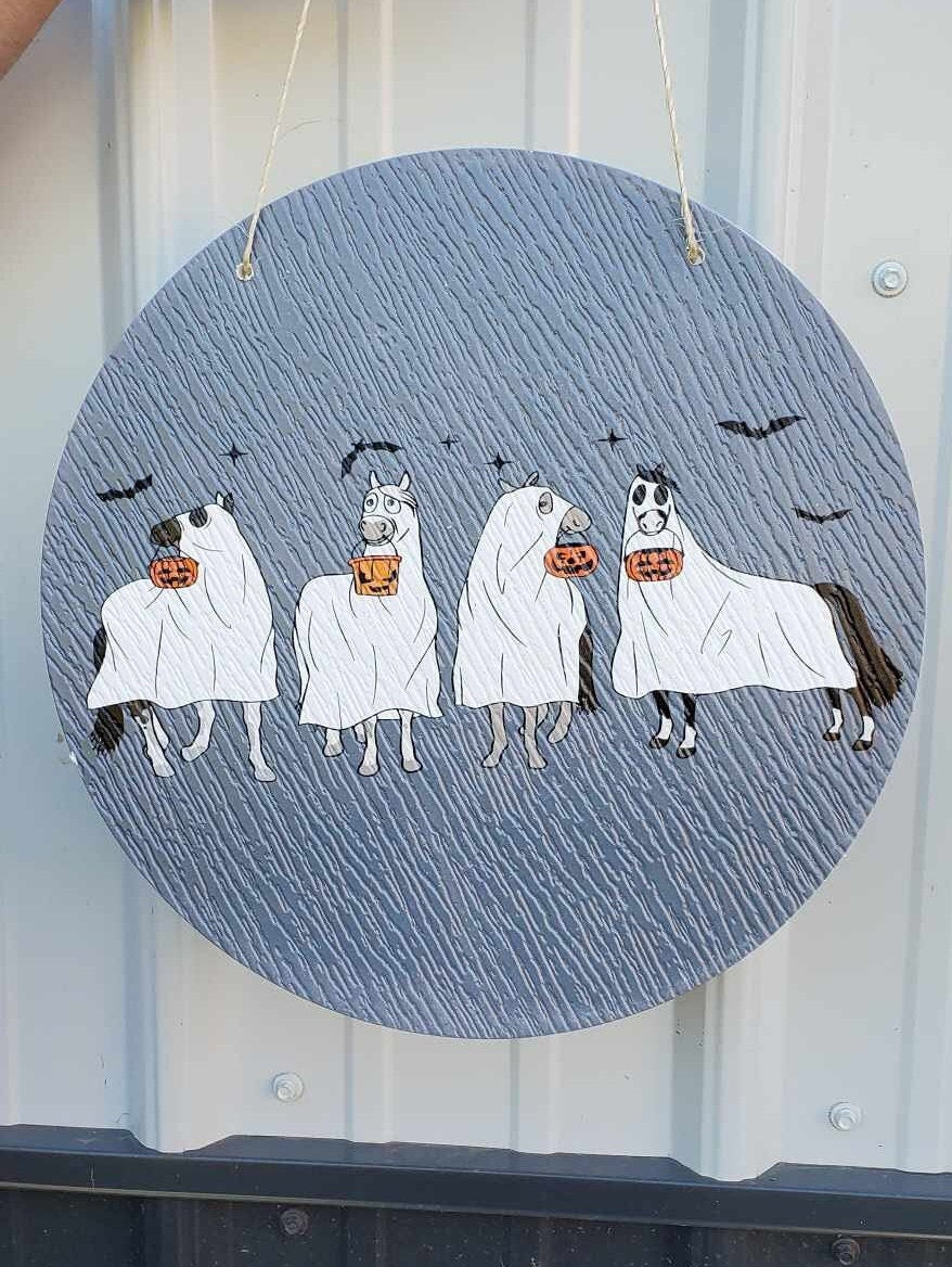 Halloween Ghosts Horses Farm Dress Up Trick or Treat PVC Weather Proof Ultraviolet Ink Doorhanger Outdoor Use Happy Mare Horse Lovers