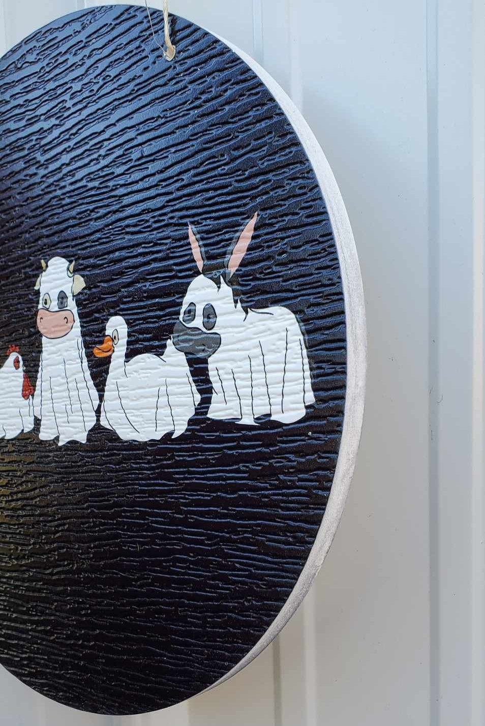 Halloween Ghosts Farm Animals Goat Donkey Goat Duck Chicken Dress Up Trick or Treat PVC Weather Proof Printed Doorhanger Outdoor Cute
