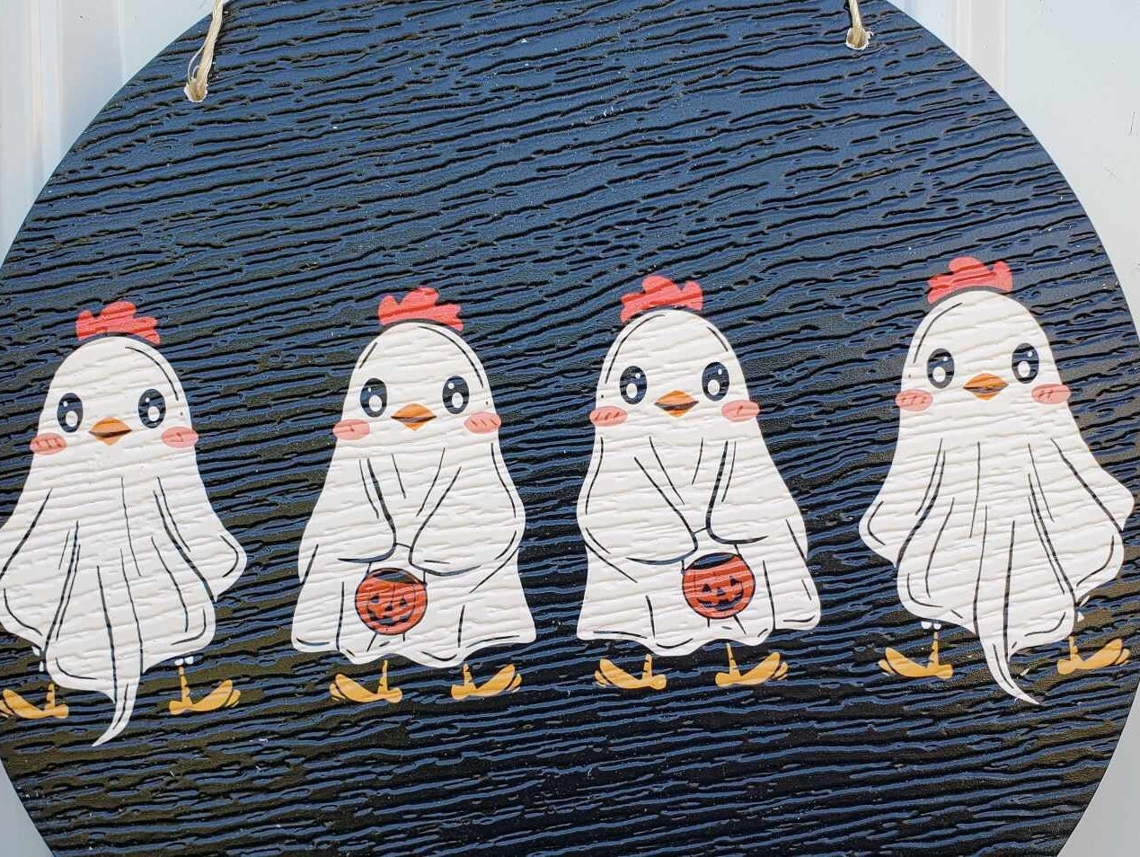 Chicks Hen Bucket Cute Halloween Ghosts Chicken Dress Up Trick or Treat PVC Weather Proof Printed Doorhanger Outdoor