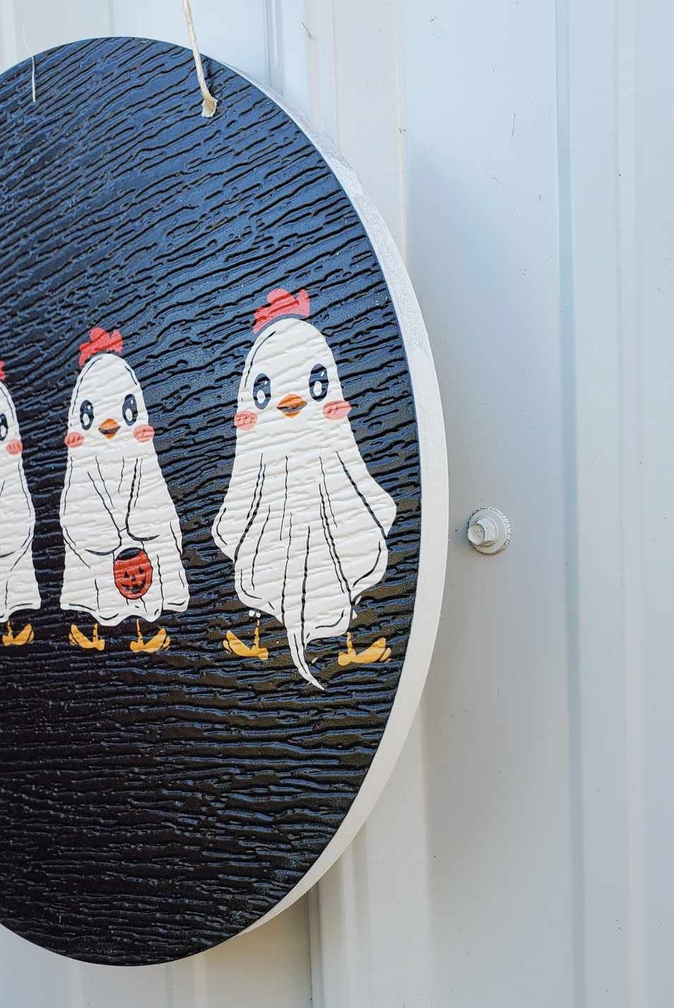 Chicks Hen Bucket Cute Halloween Ghosts Chicken Dress Up Trick or Treat PVC Weather Proof Printed Doorhanger Outdoor