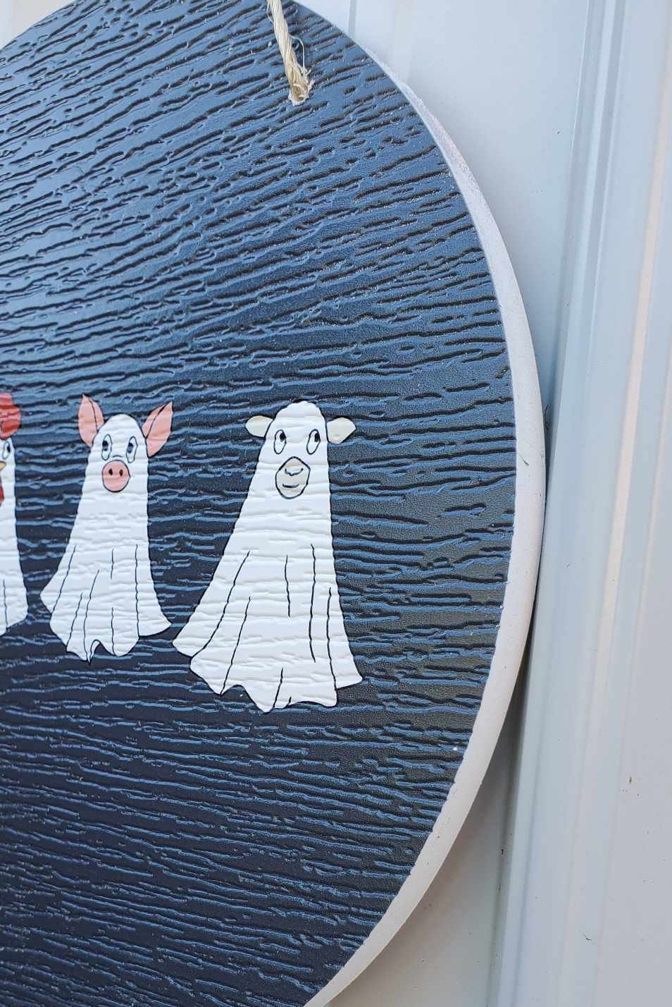 Baby Farm Animals Trick or Treat Cow Sheep Chicken Halloween Ghosts Dress Up Fall Autumn PVC Weather Proof Printed Doorhanger Outdoor