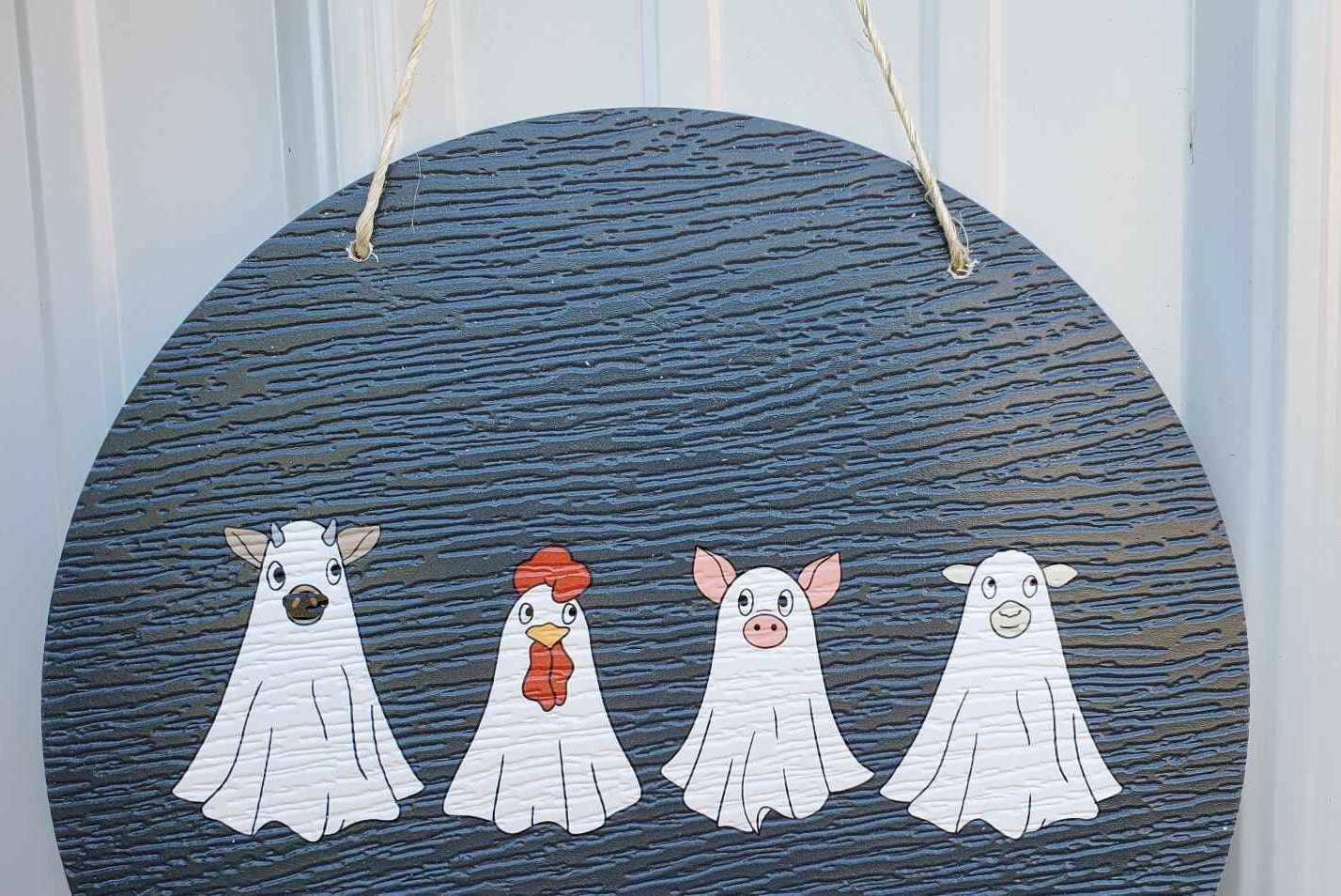 Baby Farm Animals Trick or Treat Cow Sheep Chicken Halloween Ghosts Dress Up Fall Autumn PVC Weather Proof Printed Doorhanger Outdoor