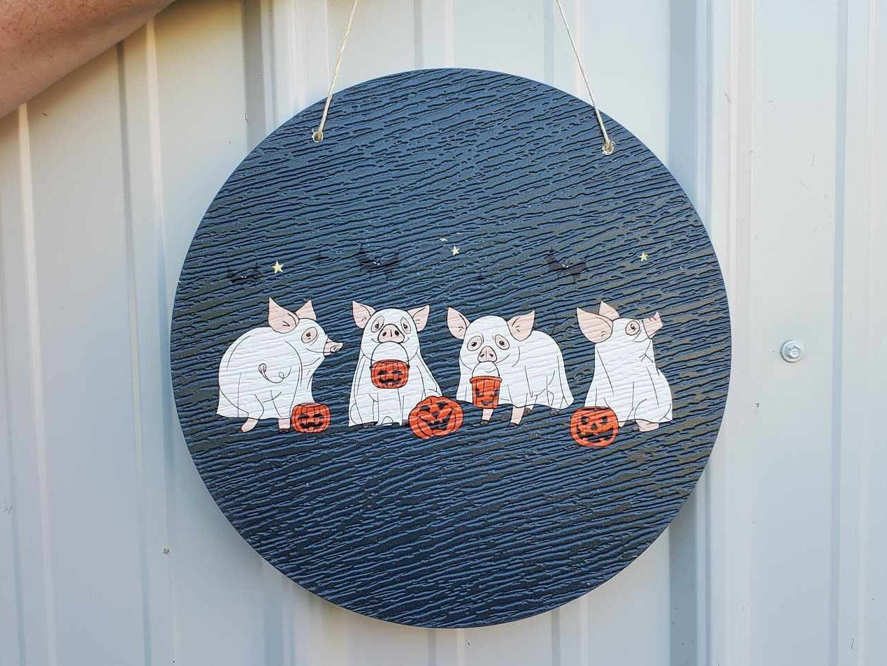 Pigs Piglets Ghost Baby Farm Animals Trick or Treat Halloween Dress Up Fall Autumn PVC Weather Proof Printed Doorhanger Outdoor