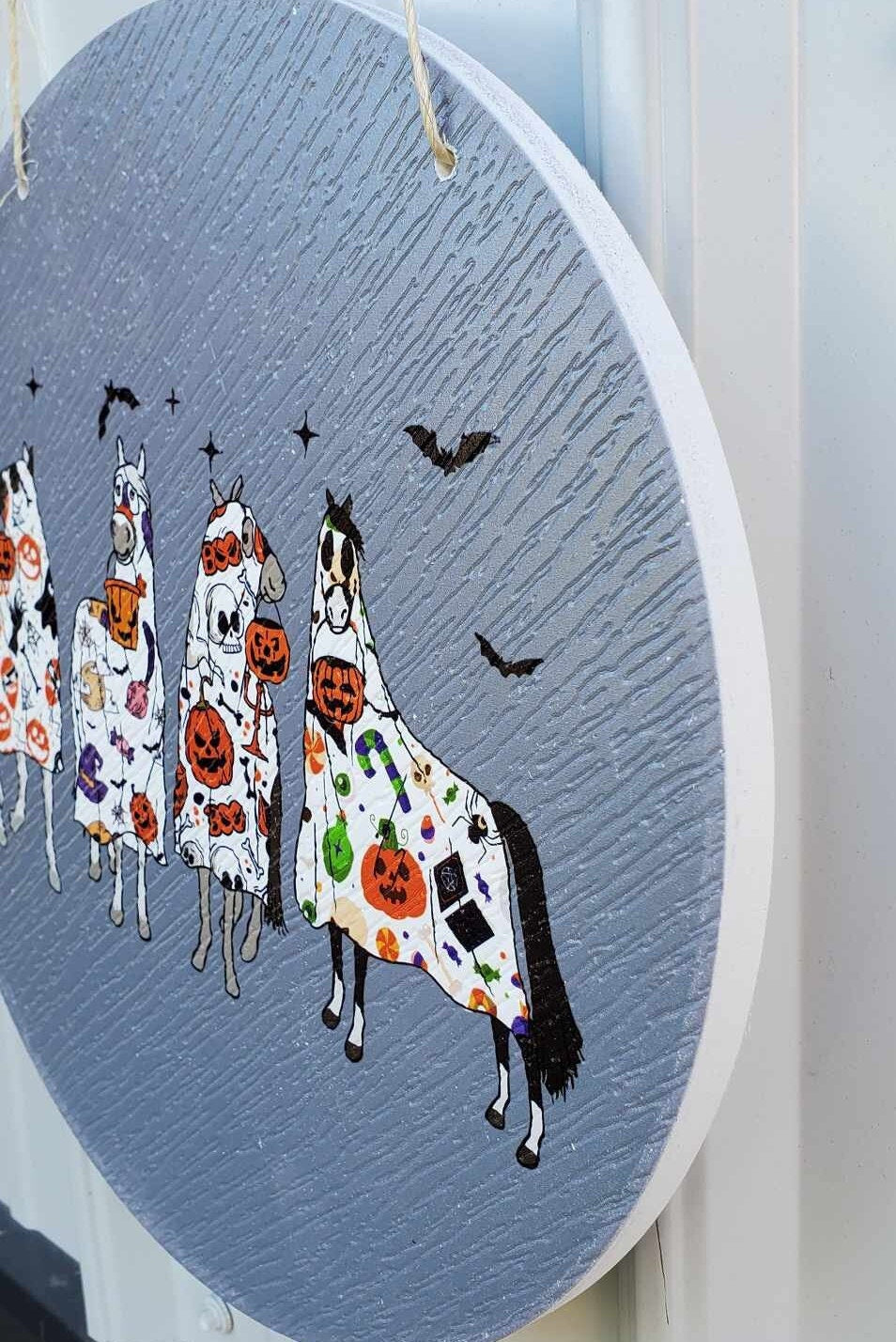 Horse Ghost Bats Pumpkin Halloween Dress Up Trick or Treat PVC Weather Proof Ultraviolet Ink Doorhanger Outdoor Use Happy Mare Horse Lovers
