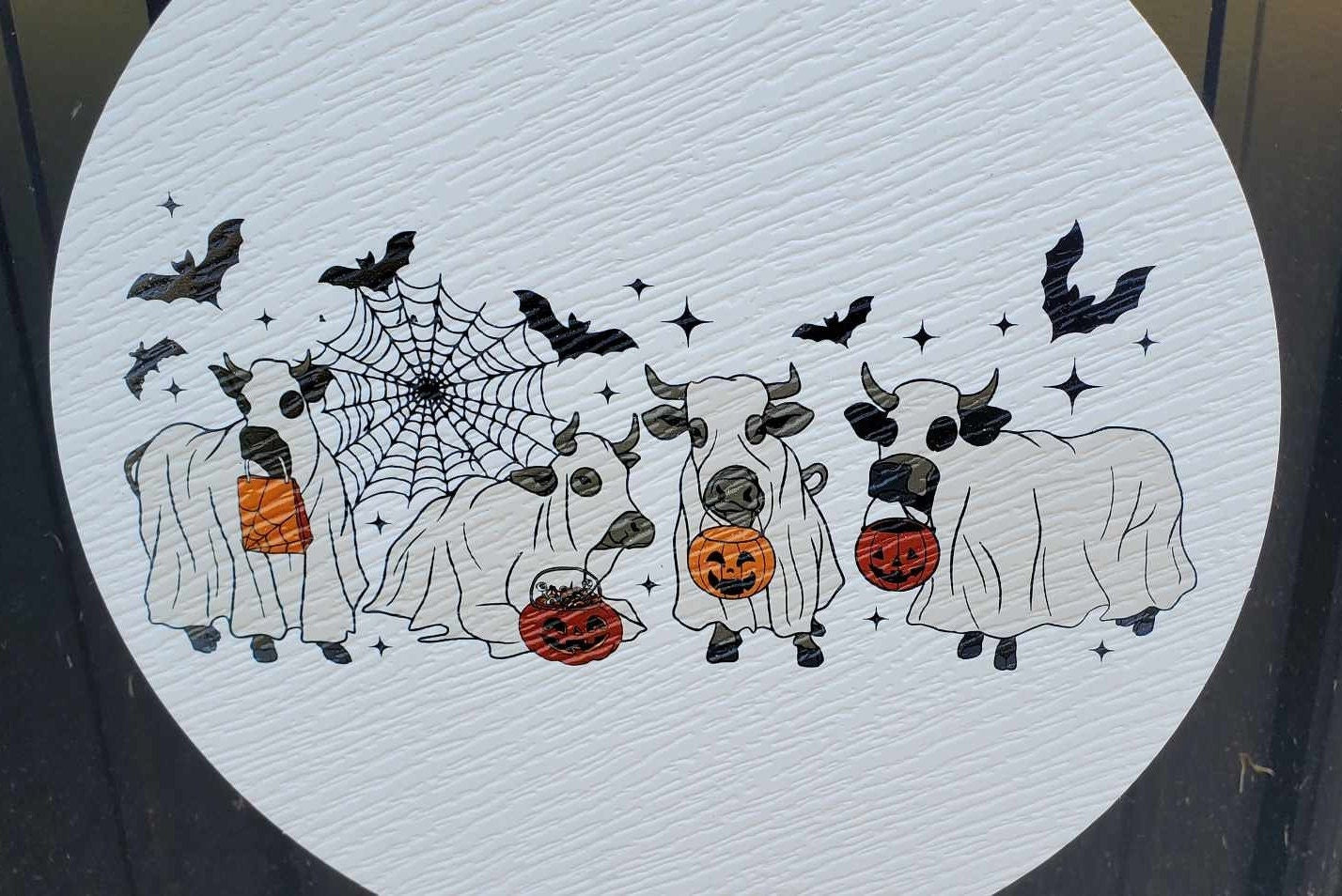 Cows Dress up Costume Ghost Bats Cow Lovers Porch Pumpkin Halloween Trick or Treat PVC Weatherproof Ultraviolet Ink Doorhanger Outdoor Use