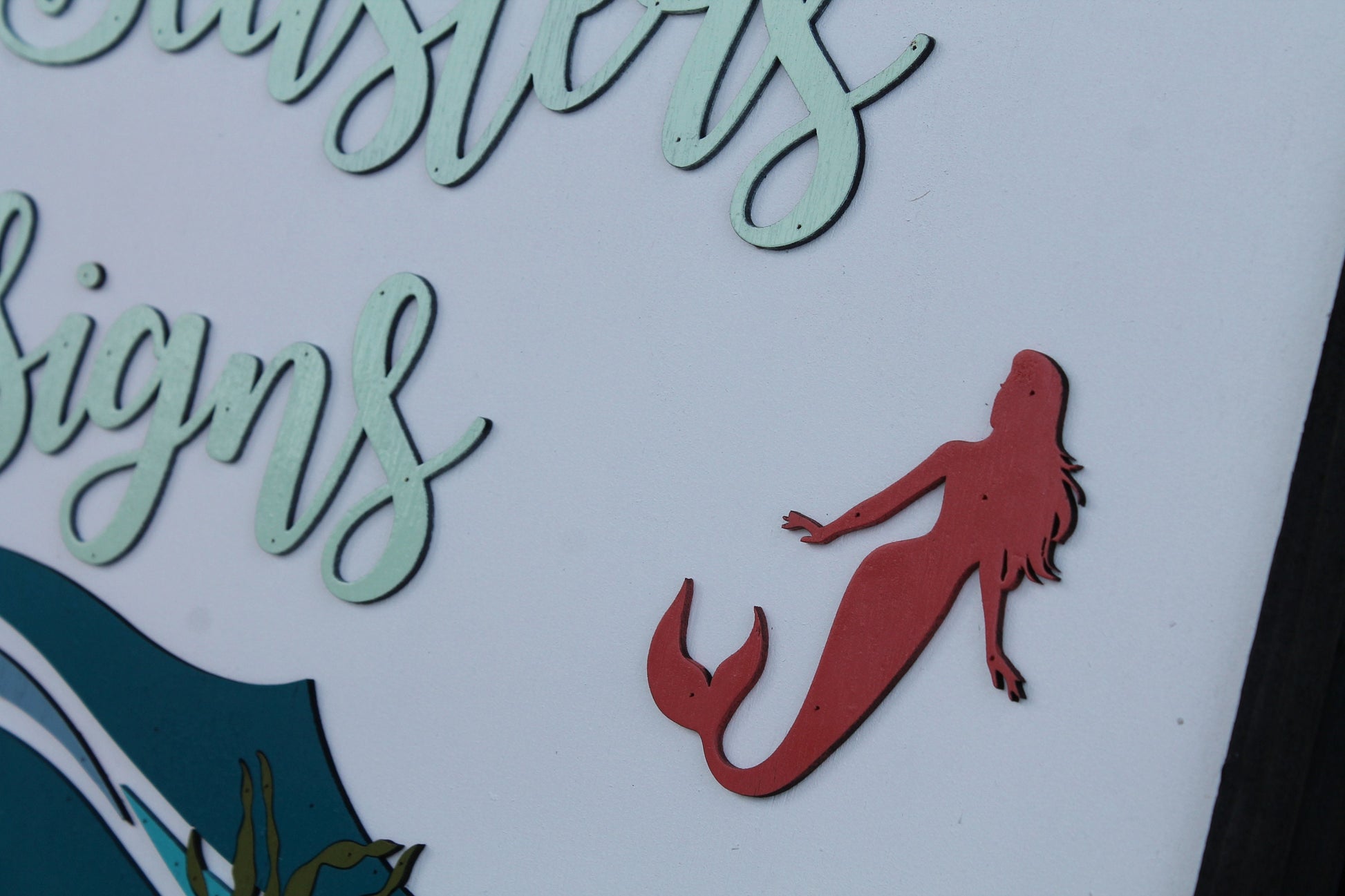 Custom Mermaid Beach Coral Costal Underwater Waves Wood Laser Cut Out 3D Sign Elevated Letters Tropical Personalized Handmade Business Sign