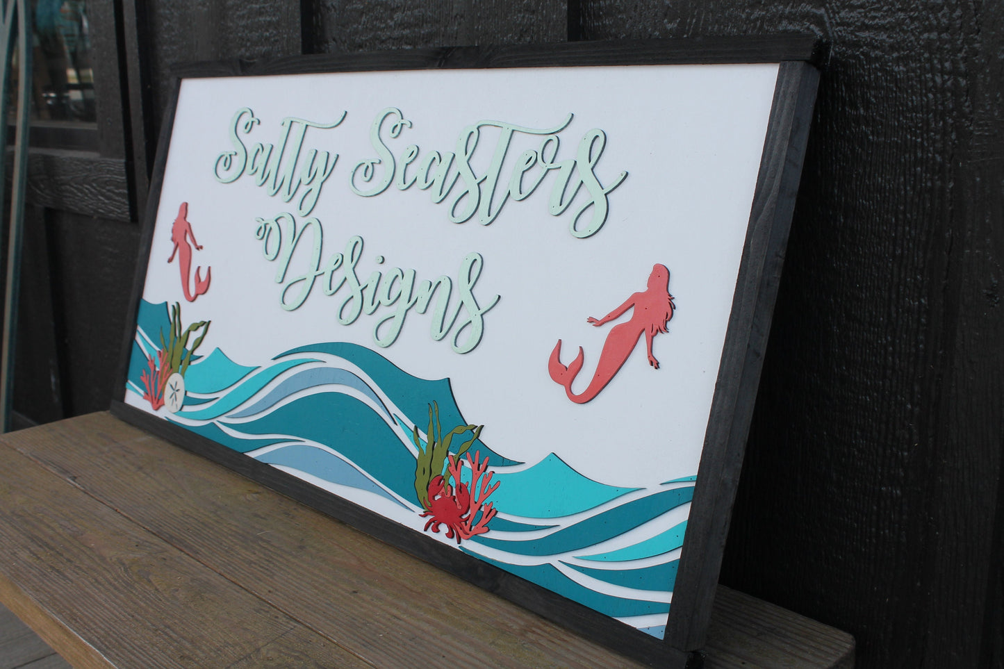 Custom Mermaid Beach Coral Costal Underwater Waves Wood Laser Cut Out 3D Sign Elevated Letters Tropical Personalized Handmade Business Sign