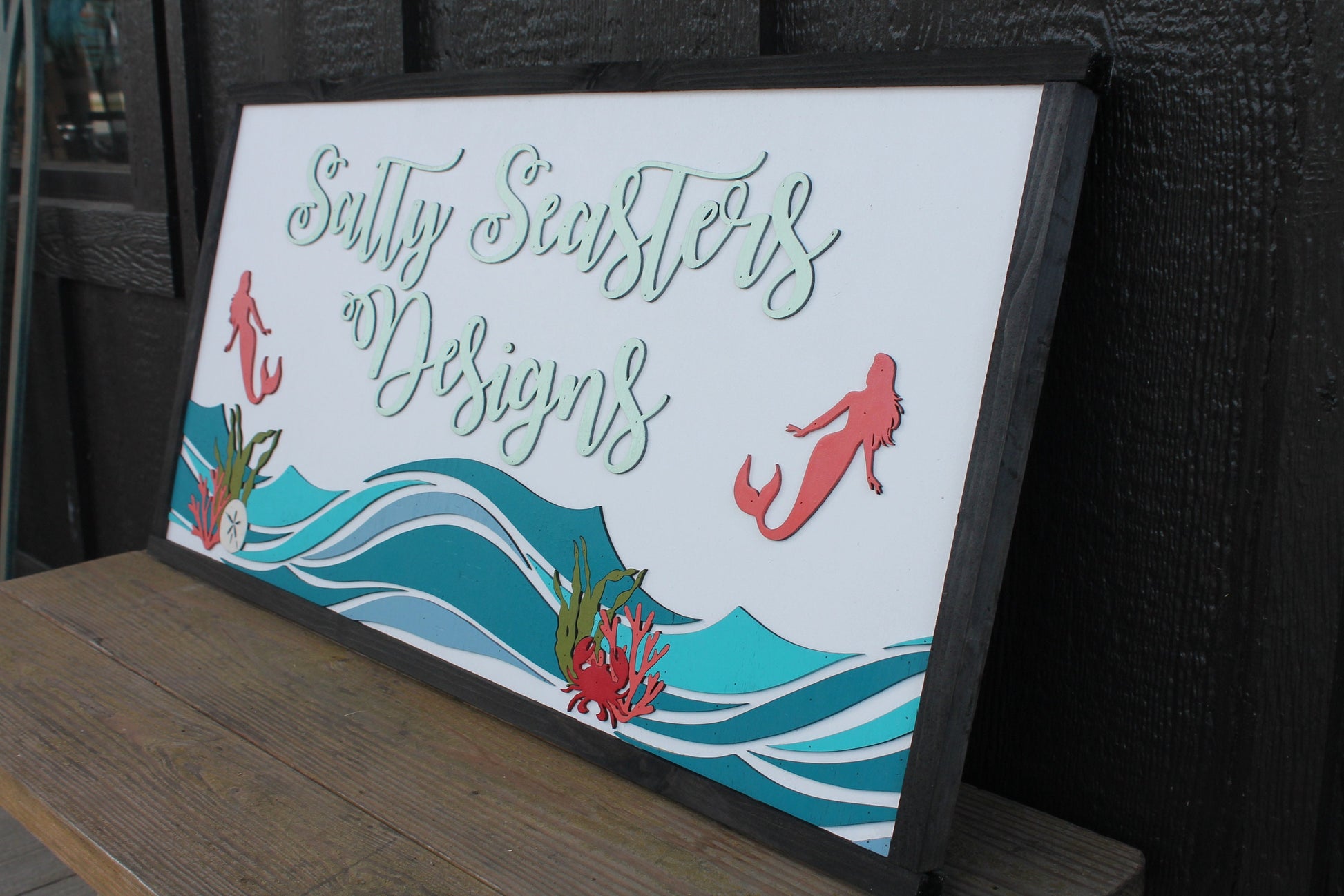 Custom Mermaid Beach Coral Costal Underwater Waves Wood Laser Cut Out 3D Sign Elevated Letters Tropical Personalized Handmade Business Sign