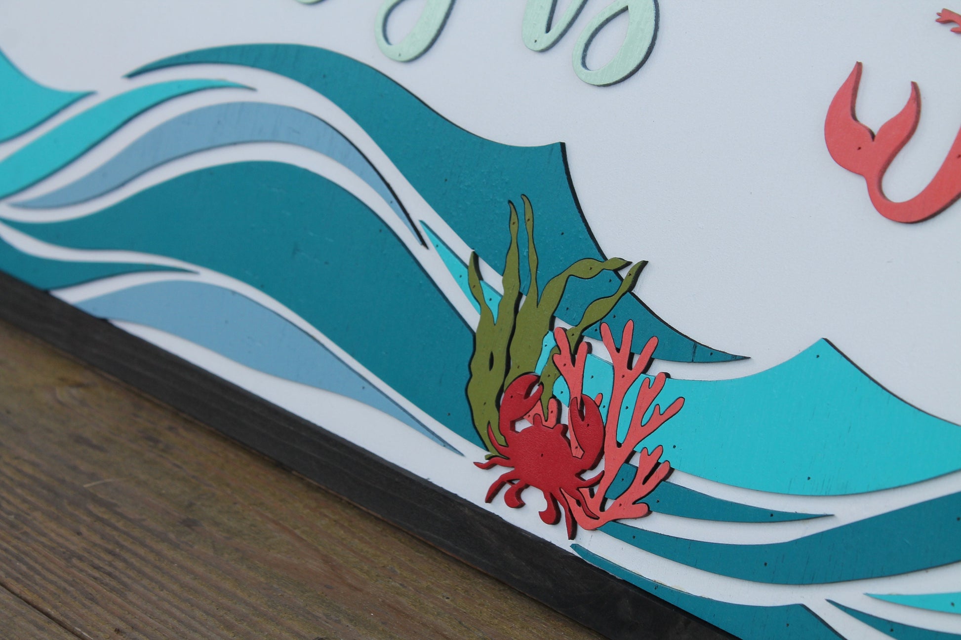 Custom Mermaid Beach Coral Costal Underwater Waves Wood Laser Cut Out 3D Sign Elevated Letters Tropical Personalized Handmade Business Sign