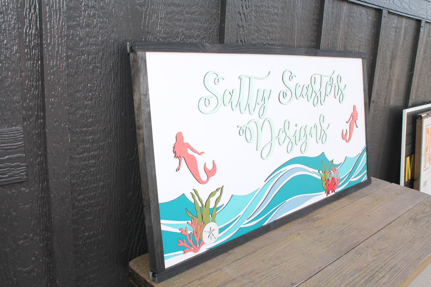 Custom Mermaid Beach Coral Costal Underwater Waves Wood Laser Cut Out 3D Sign Elevated Letters Tropical Personalized Handmade Business Sign