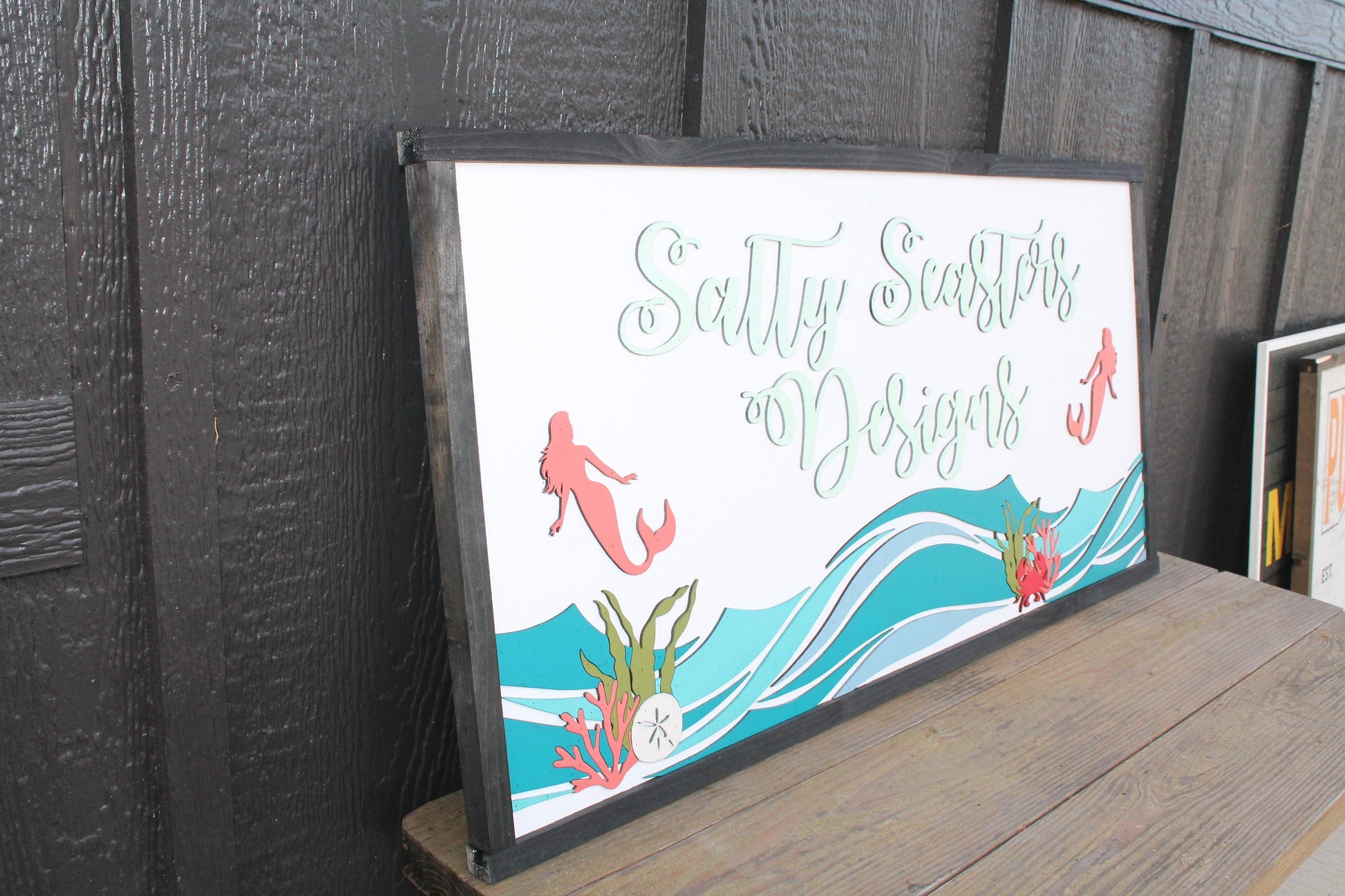 Custom Mermaid Beach Coral Costal Underwater Waves Wood Laser Cut Out 3D Sign Elevated Letters Tropical Personalized Handmade Business Sign
