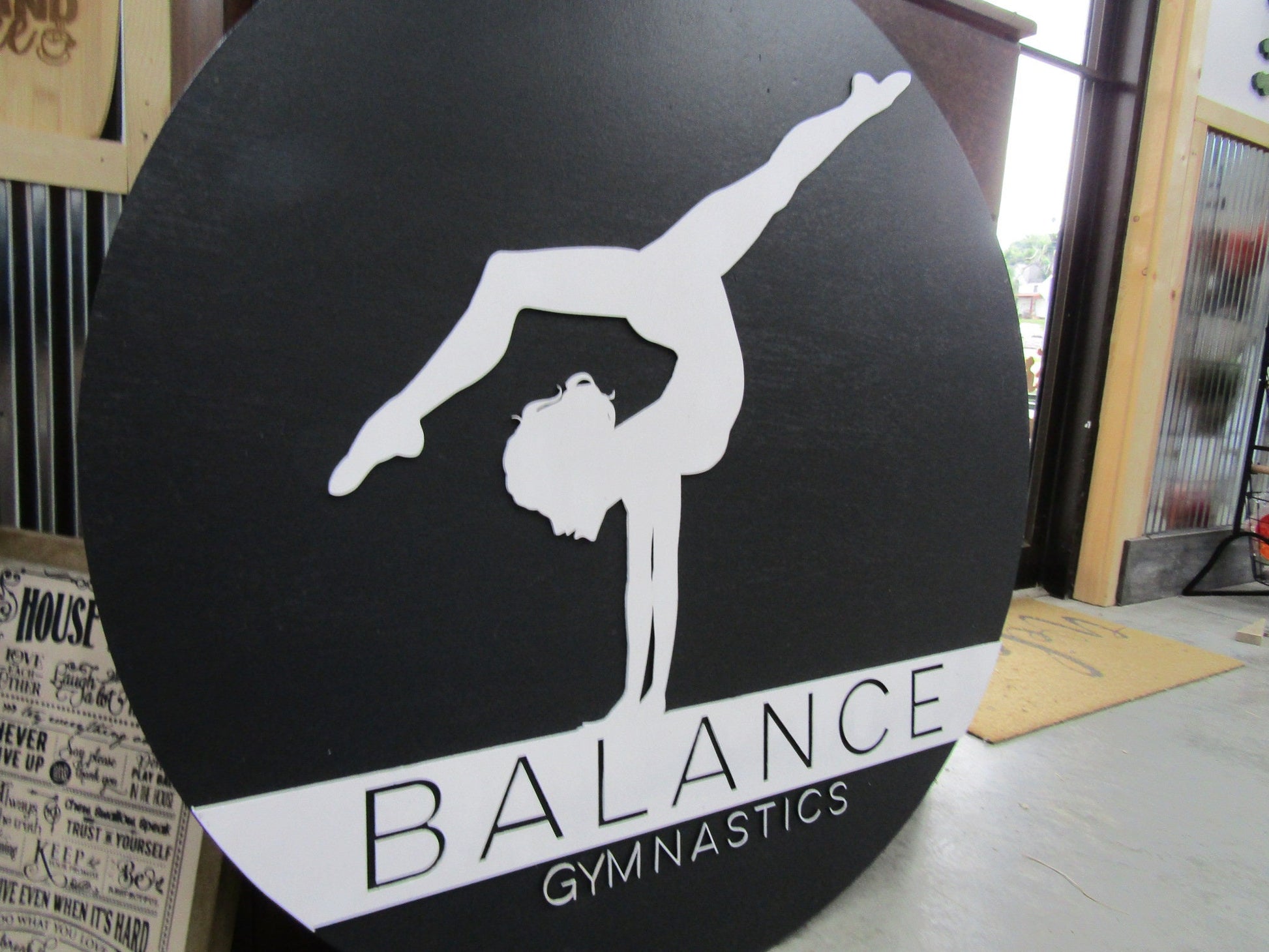 Custom Gym Gymnast Gymnastic Balance Sign Round Business Signage Single Double Sided Made to Order Small Shop Logo Circle Wooden Handmade