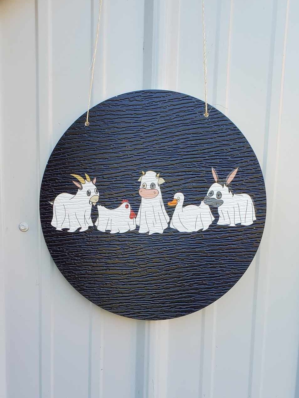 Halloween Ghosts Farm Animals Goat Donkey Goat Duck Chicken Dress Up Trick or Treat PVC Weather Proof Printed Doorhanger Outdoor Cute