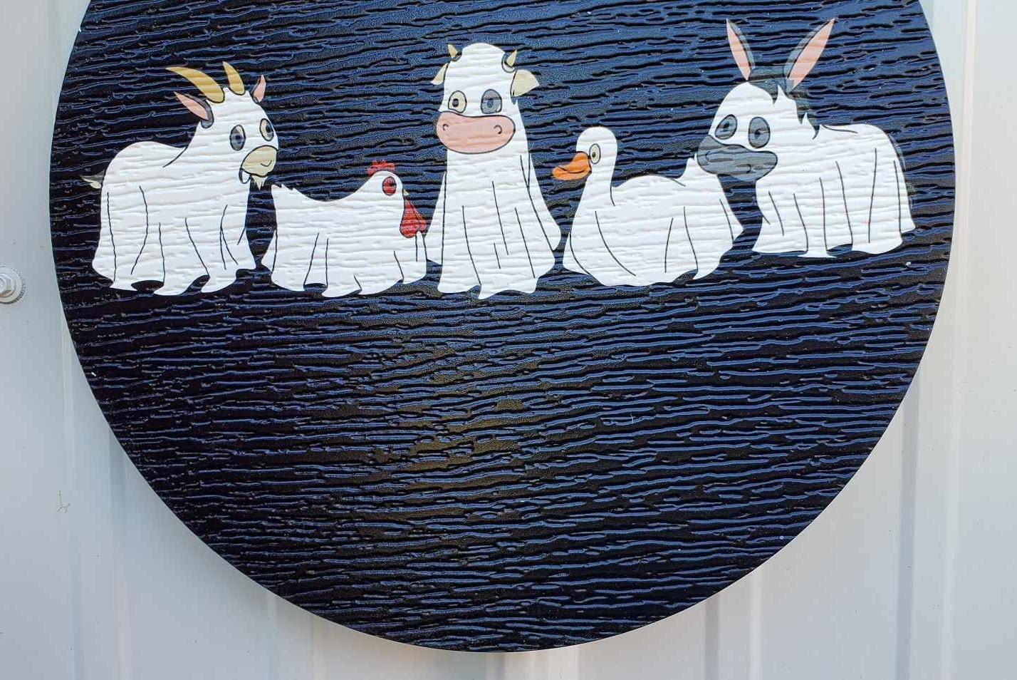 Halloween Ghosts Farm Animals Goat Donkey Goat Duck Chicken Dress Up Trick or Treat PVC Weather Proof Printed Doorhanger Outdoor Cute