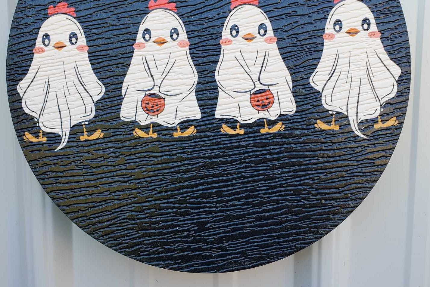 Chicks Hen Bucket Cute Halloween Ghosts Chicken Dress Up Trick or Treat PVC Weather Proof Printed Doorhanger Outdoor