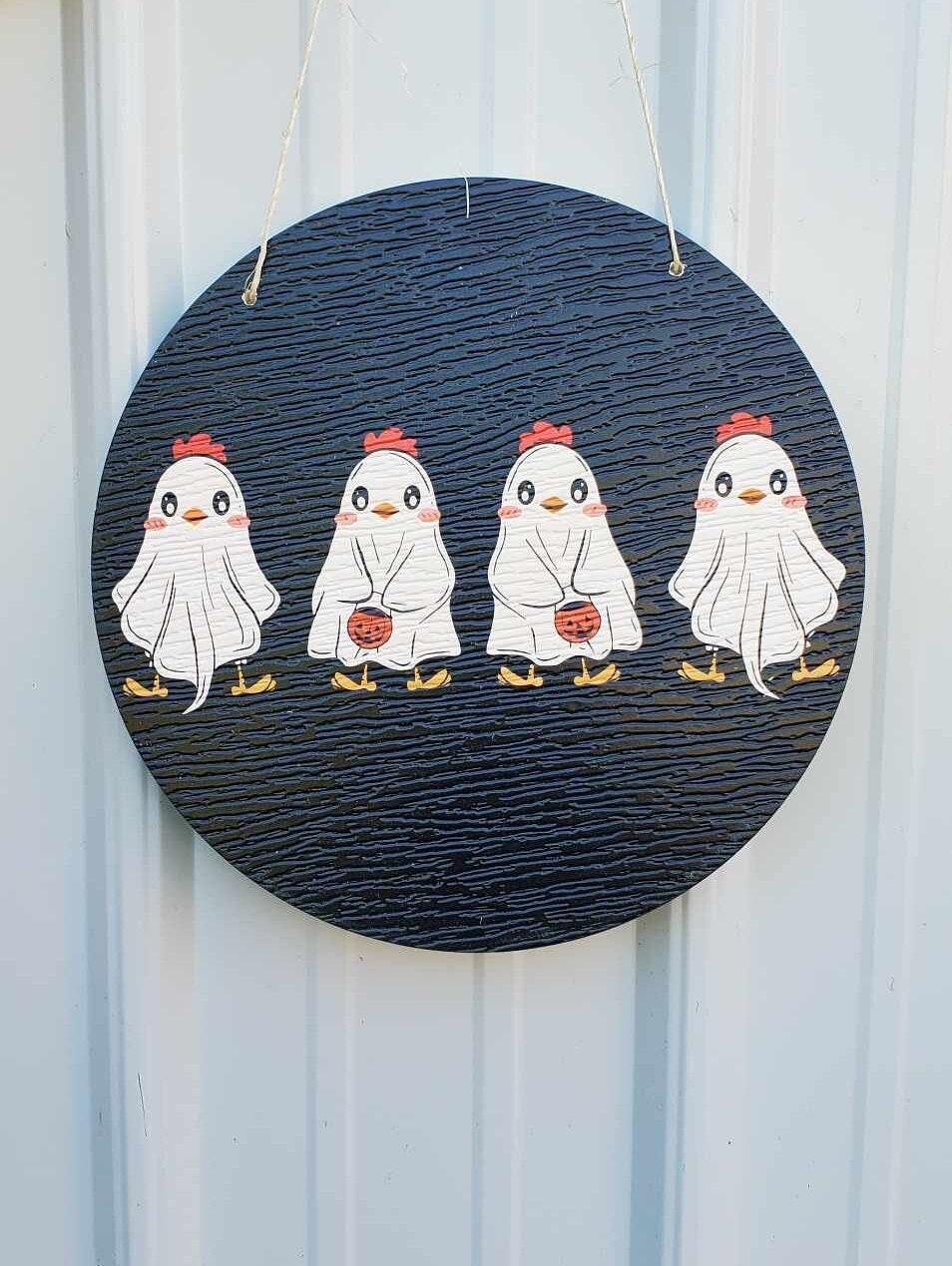 Chicks Hen Bucket Cute Halloween Ghosts Chicken Dress Up Trick or Treat PVC Weather Proof Printed Doorhanger Outdoor