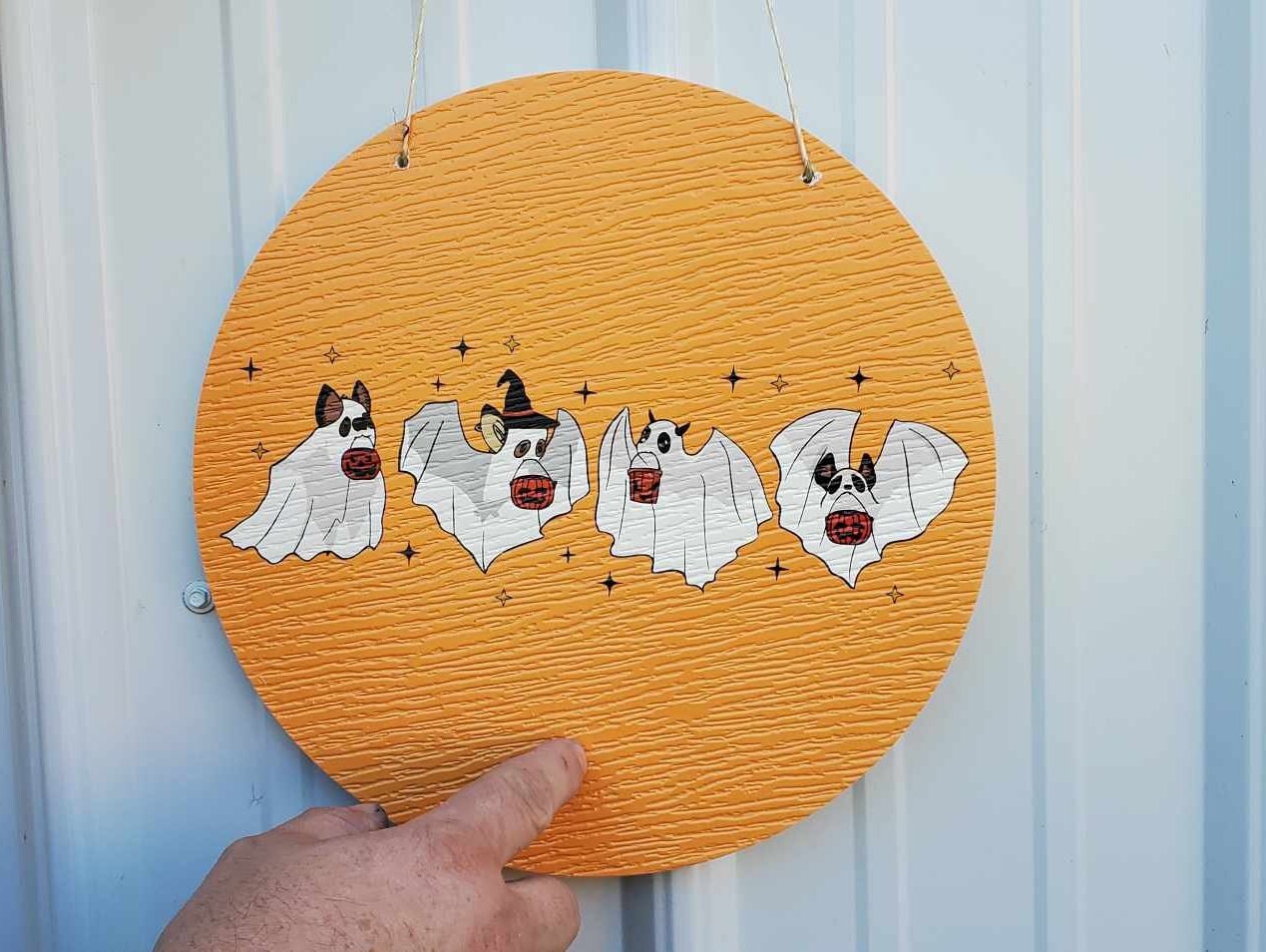 Bats Ghost Baby Farm Animals Trick or Treat Halloween Orange Dress Up Fall Autumn PVC Weather Proof Printed Doorhanger Outdoor