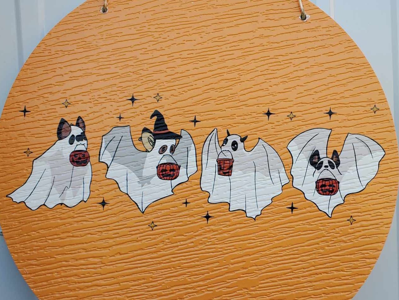 Bats Ghost Baby Farm Animals Trick or Treat Halloween Orange Dress Up Fall Autumn PVC Weather Proof Printed Doorhanger Outdoor