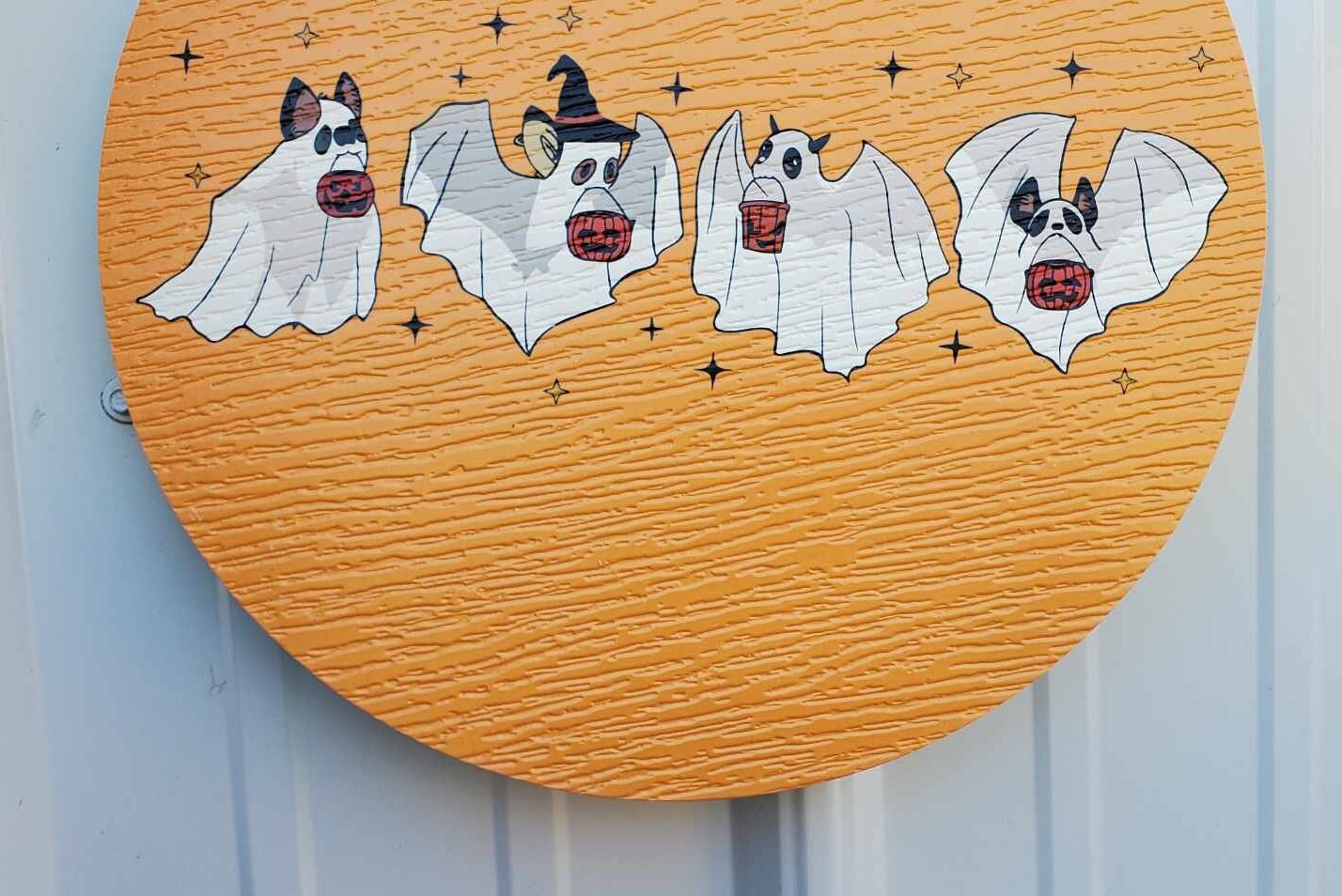 Bats Ghost Baby Farm Animals Trick or Treat Halloween Orange Dress Up Fall Autumn PVC Weather Proof Printed Doorhanger Outdoor
