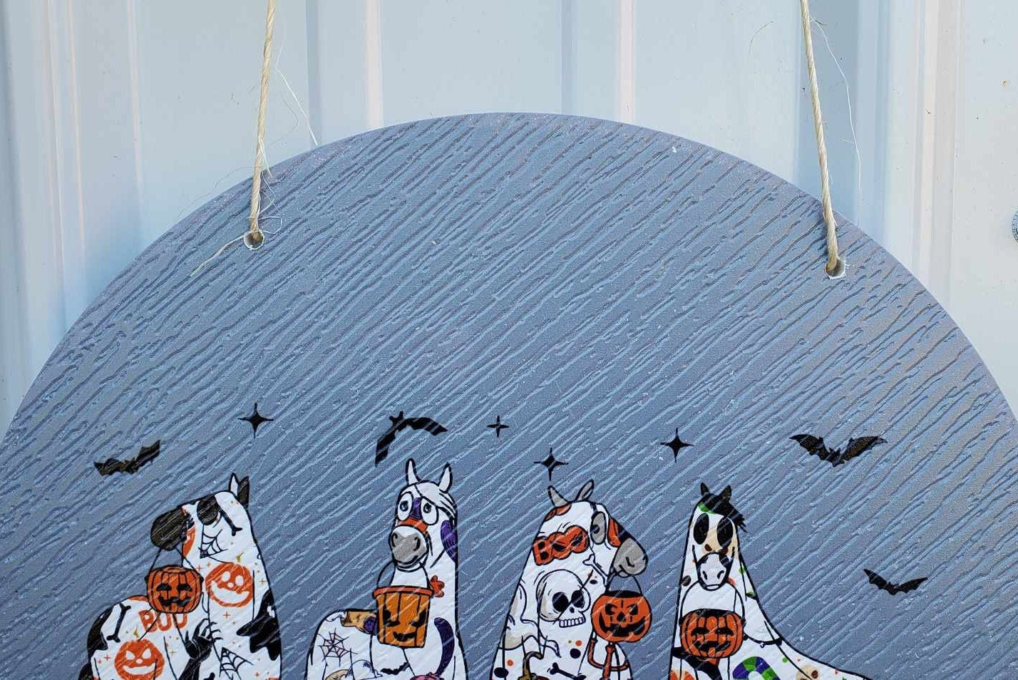 Horse Ghost Bats Pumpkin Halloween Dress Up Trick or Treat PVC Weather Proof Ultraviolet Ink Doorhanger Outdoor Use Happy Mare Horse Lovers