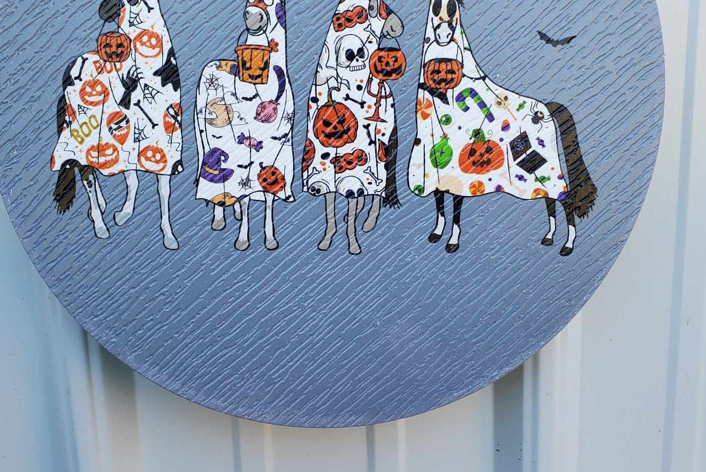 Horse Ghost Bats Pumpkin Halloween Dress Up Trick or Treat PVC Weather Proof Ultraviolet Ink Doorhanger Outdoor Use Happy Mare Horse Lovers