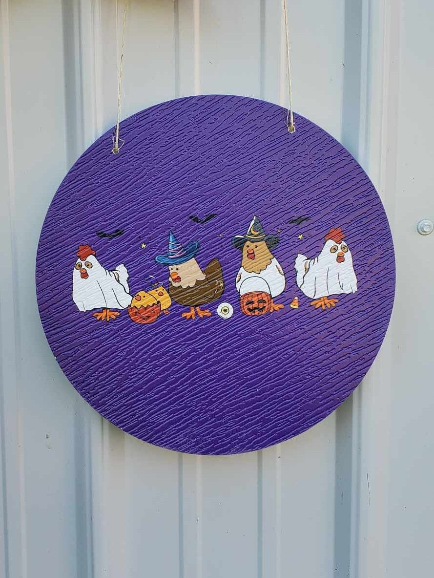 Chicken Hen Dress up Costume Witch Ghost Pumpkin Halloween Trick or Treat PVC Weatherproof Ultraviolet Ink Doorhanger Outdoor Use