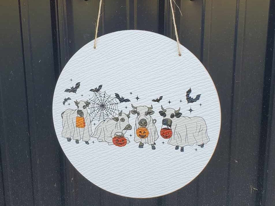 Cows Dress up Costume Ghost Bats Cow Lovers Porch Pumpkin Halloween Trick or Treat PVC Weatherproof Ultraviolet Ink Doorhanger Outdoor Use