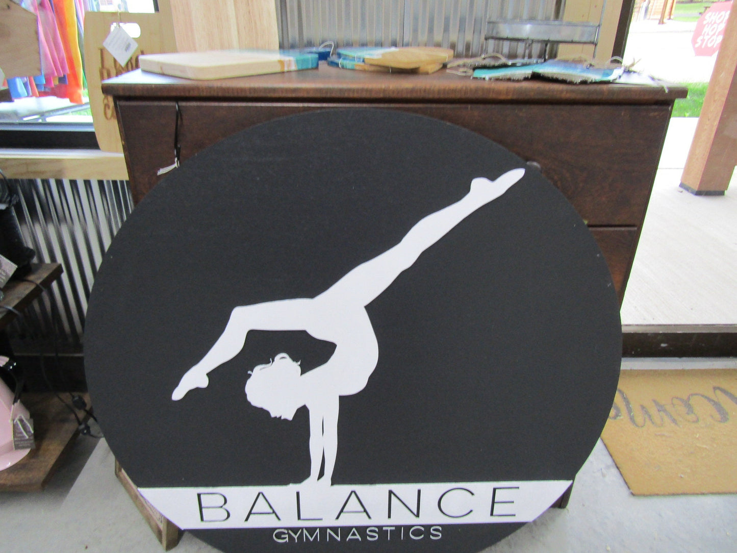 Custom Gym Gymnast Gymnastic Balance Sign Round Business Signage Single Double Sided Made to Order Small Shop Logo Circle Wooden Handmade
