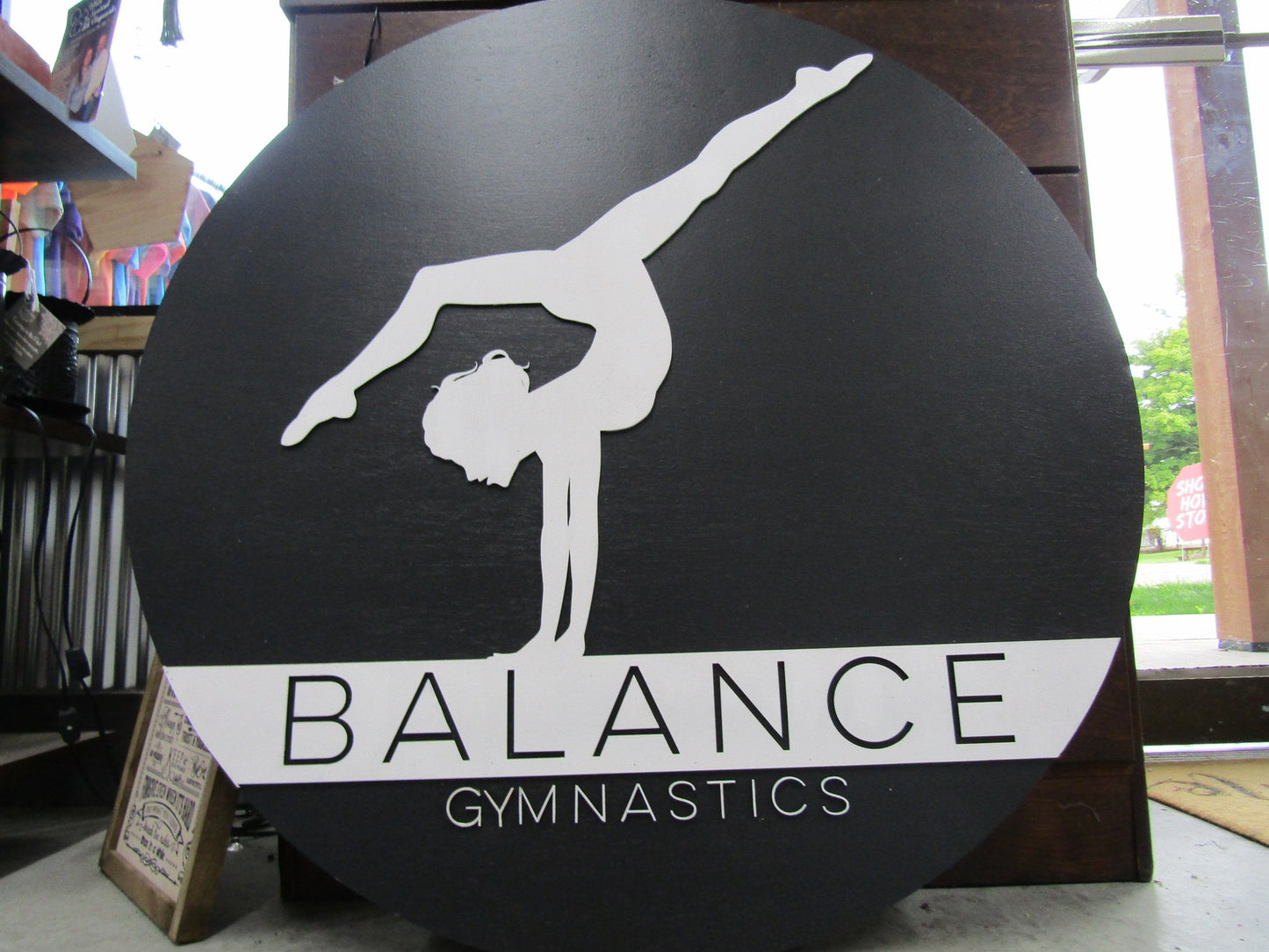 Custom Gym Gymnast Gymnastic Balance Sign Round Business Signage Single Double Sided Made to Order Small Shop Logo Circle Wooden Handmade