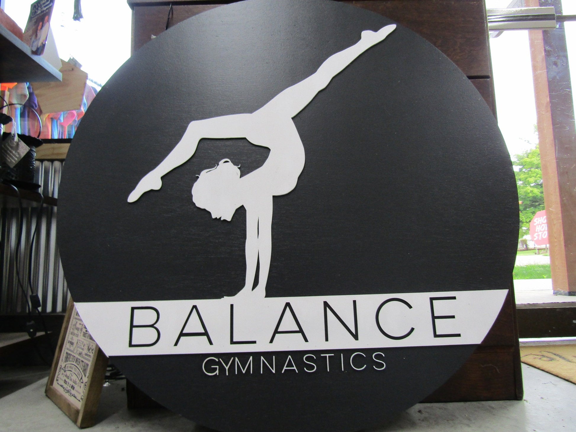 Custom Gym Gymnast Gymnastic Balance Sign Round Business Signage Single Double Sided Made to Order Small Shop Logo Circle Wooden Handmade