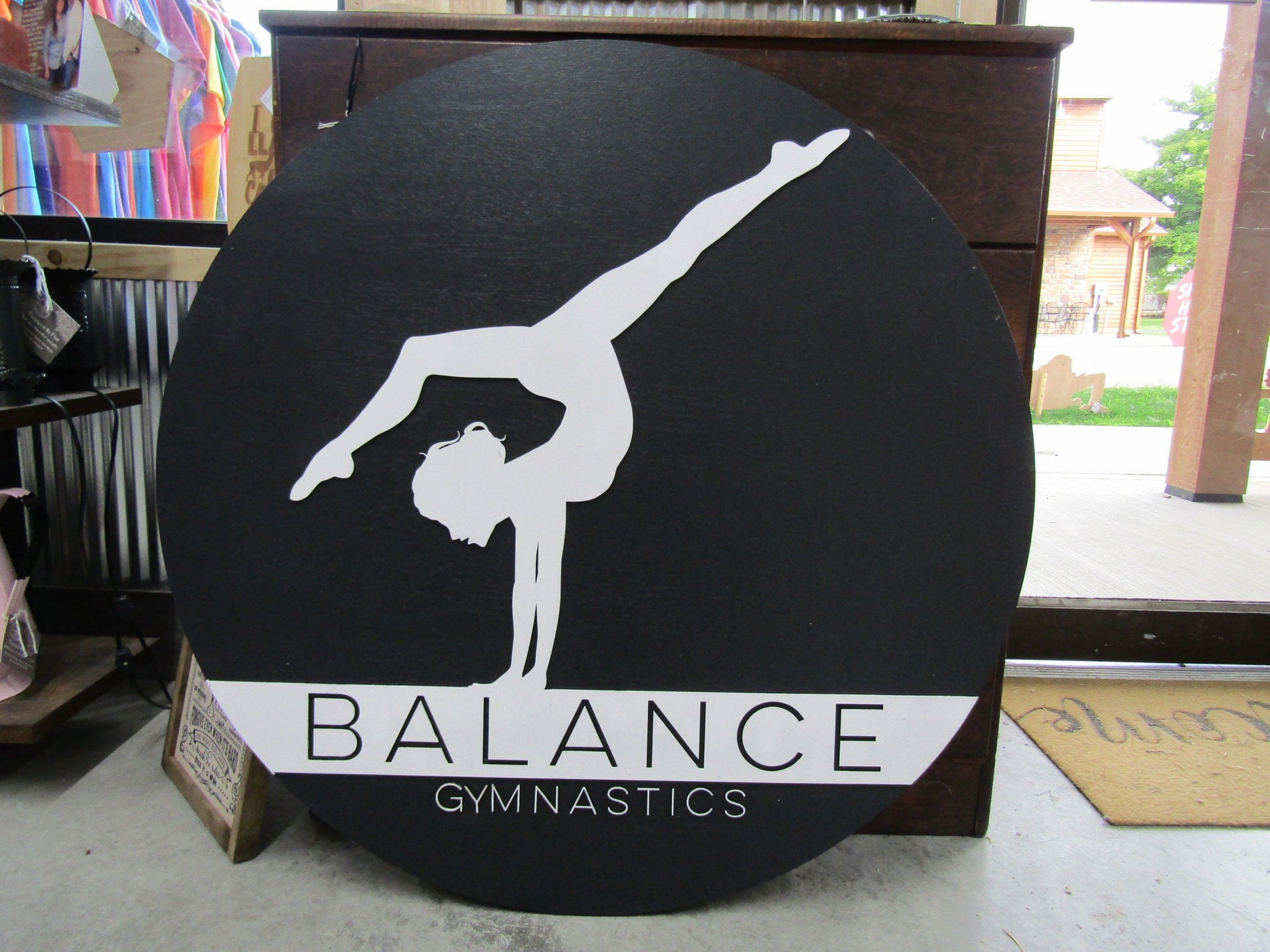Custom Gym Gymnast Gymnastic Balance Sign Round Business Signage Single Double Sided Made to Order Small Shop Logo Circle Wooden Handmade