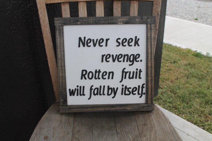 Rotten Fruit Never Seek Revenge Advice Useful Happy Life Healing Quote Fall Inspirational Rustic Wood Sign 3D Lettering Framed Decor