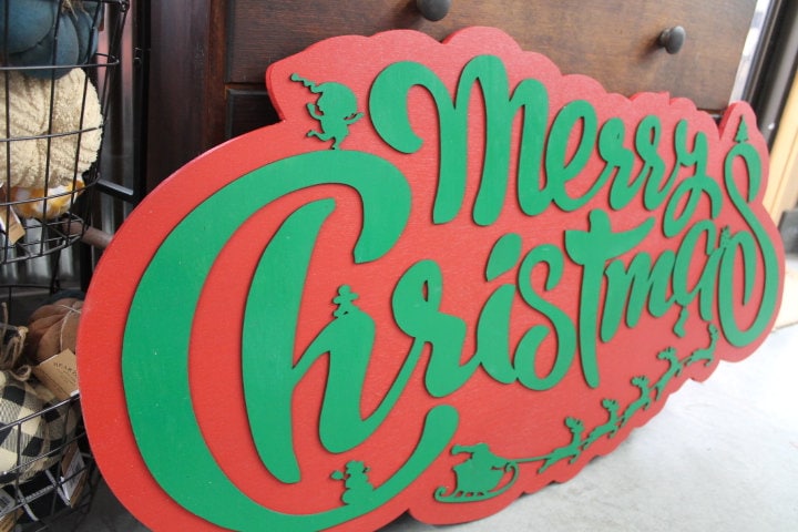Merry Christmas Santa Elf Stocking Tree Seasonal Festive Sleigh Reindeer Wooden Decor Decoration Sign Red and Green Winter Contour