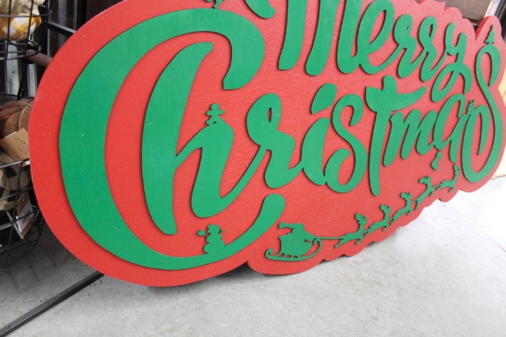 Merry Christmas Santa Elf Stocking Tree Seasonal Festive Sleigh Reindeer Wooden Decor Decoration Sign Red and Green Winter Contour