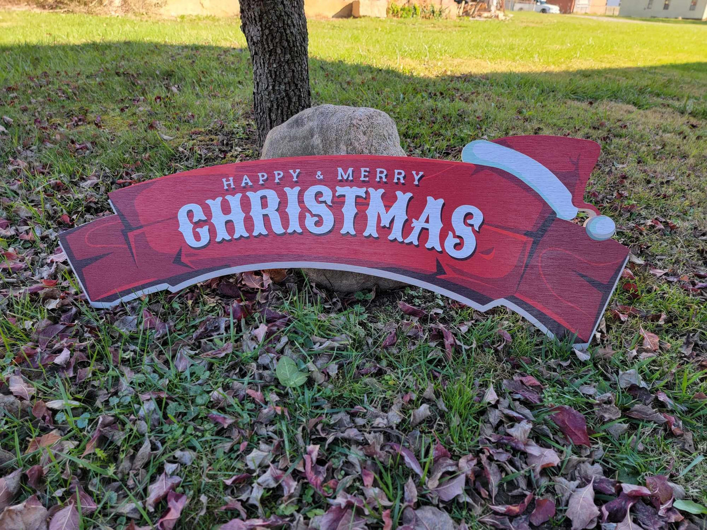 Large Merry and Happy Christmas sign banner for over the door or doorway red wood sign santa hat red and white on rustic wood planks