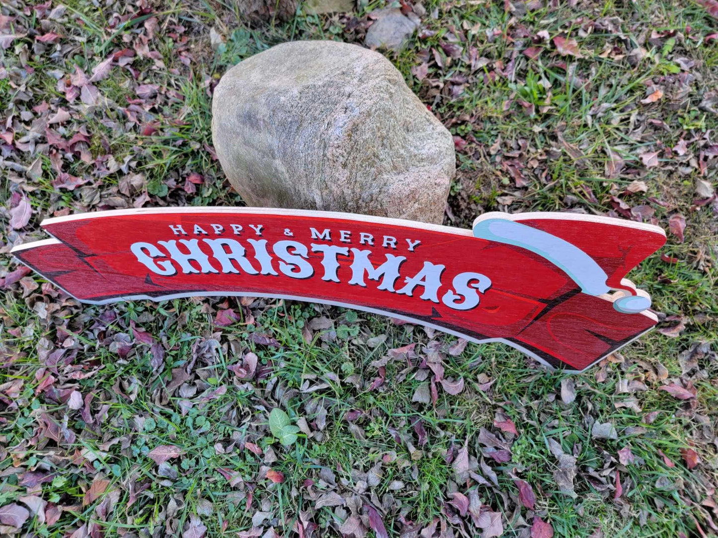 Large Merry and Happy Christmas sign banner for over the door or doorway red wood sign santa hat red and white on rustic wood planks
