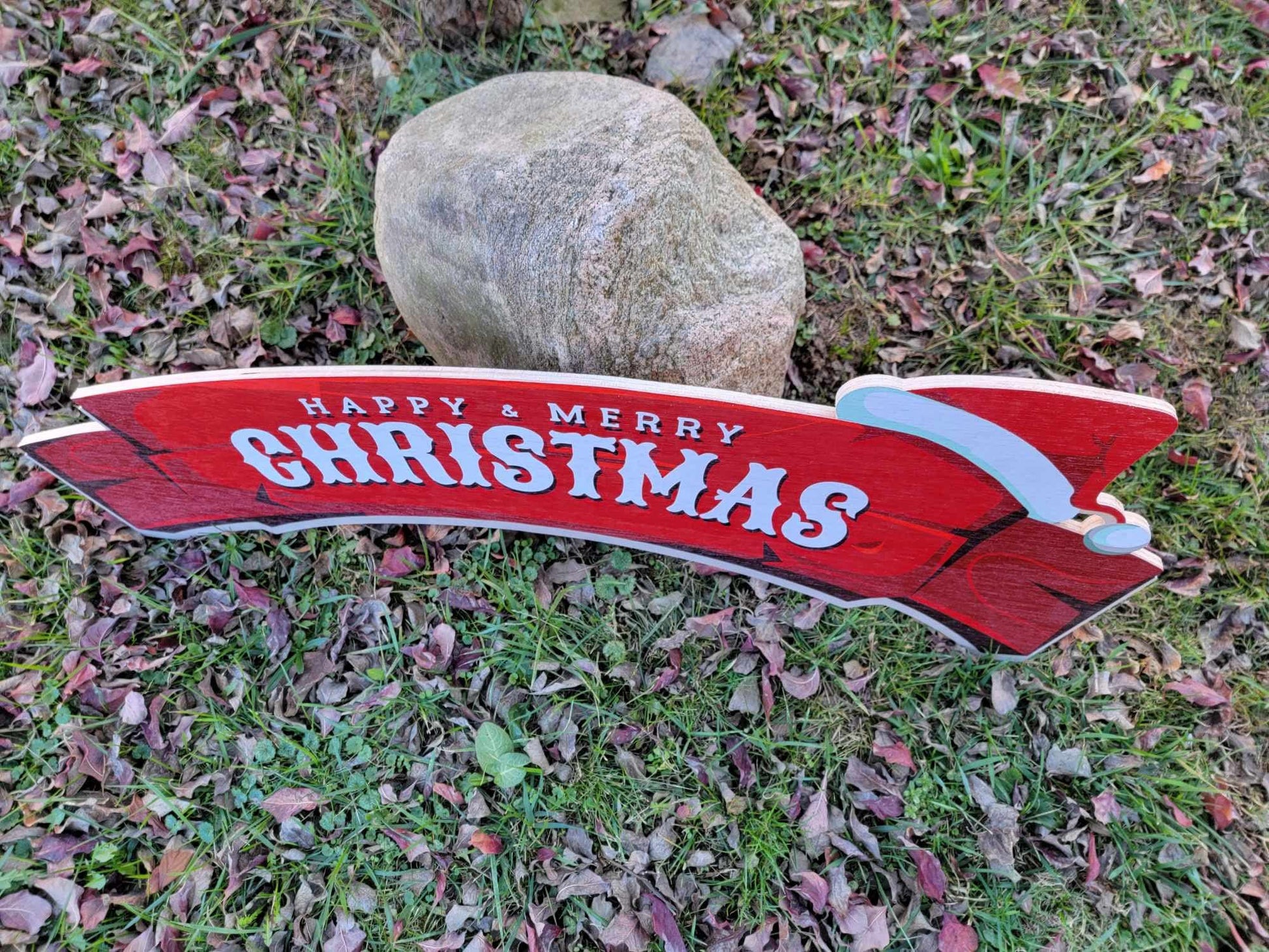 Large Merry and Happy Christmas sign banner for over the door or doorway red wood sign santa hat red and white on rustic wood planks