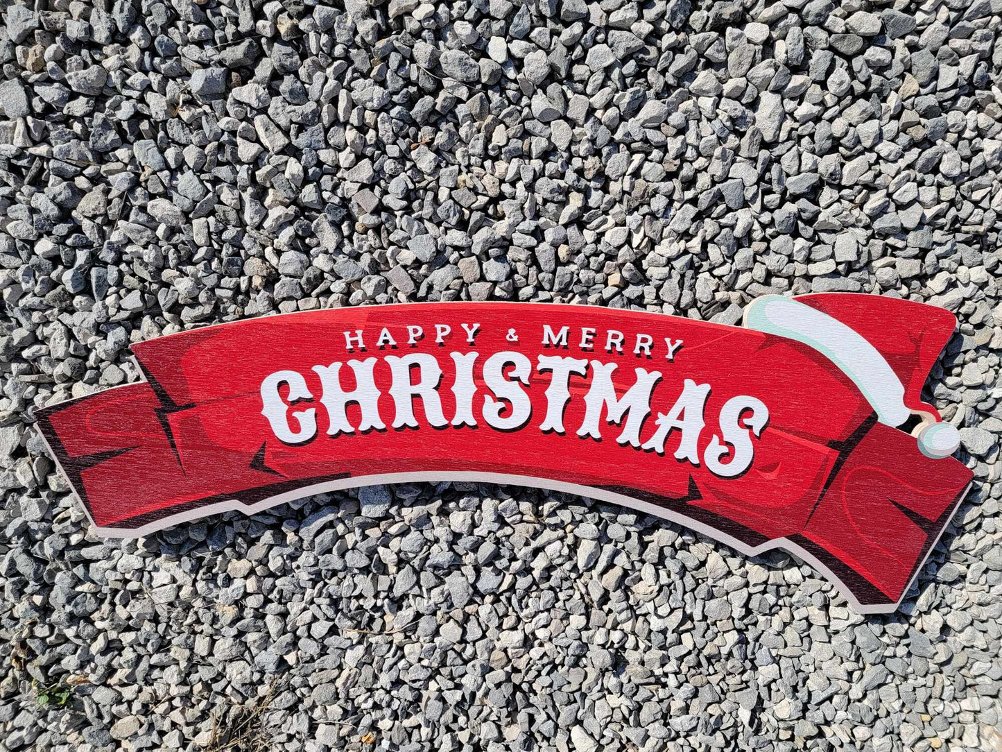 Large Merry and Happy Christmas sign banner for over the door or doorway red wood sign santa hat red and white on rustic wood planks