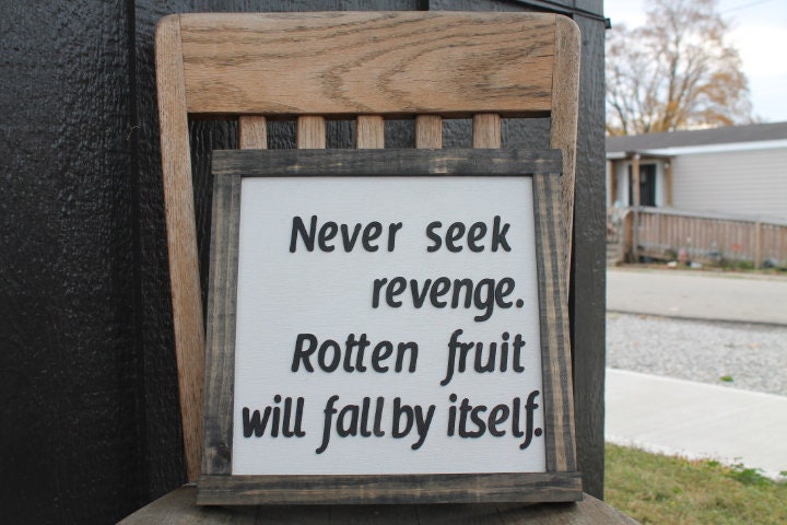 Rotten Fruit Never Seek Revenge Advice Useful Happy Life Healing Quote Fall Inspirational Rustic Wood Sign 3D Lettering Framed Decor