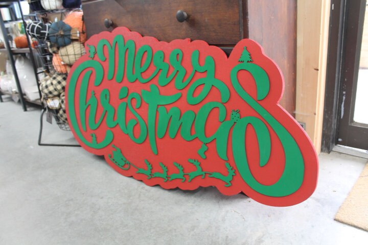 Merry Christmas Santa Elf Stocking Tree Seasonal Festive Sleigh Reindeer Wooden Decor Decoration Sign Red and Green Winter Contour