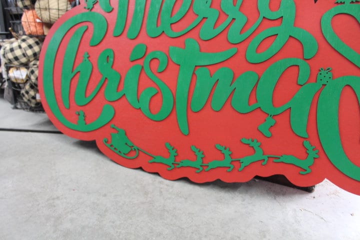 Merry Christmas Santa Elf Stocking Tree Seasonal Festive Sleigh Reindeer Wooden Decor Decoration Sign Red and Green Winter Contour