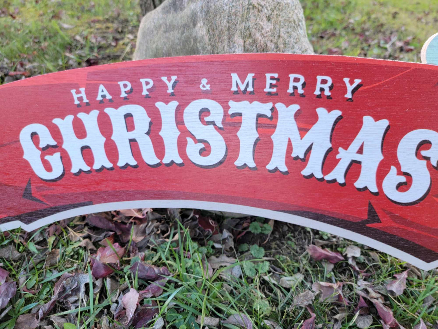 Large Merry and Happy Christmas sign banner for over the door or doorway red wood sign santa hat red and white on rustic wood planks