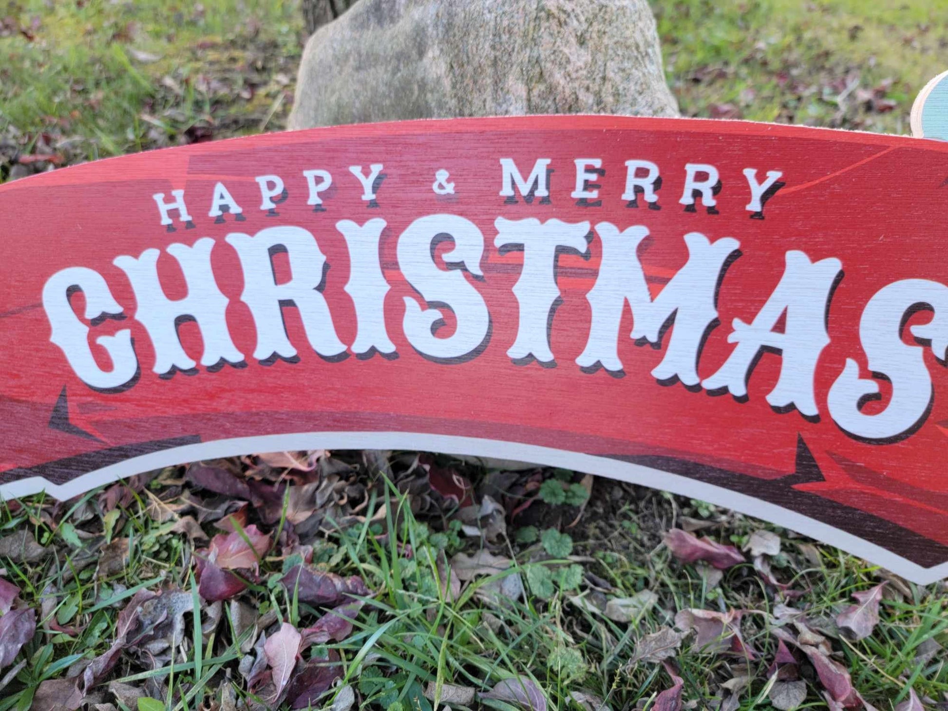 Large Merry and Happy Christmas sign banner for over the door or doorway red wood sign santa hat red and white on rustic wood planks