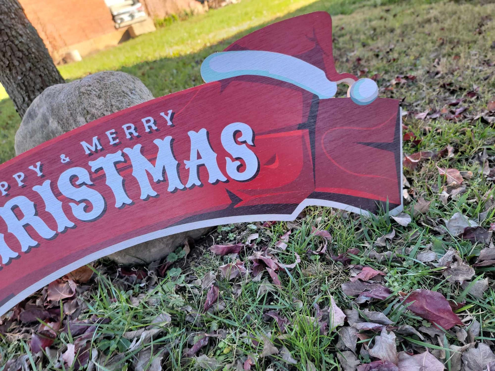 Large Merry and Happy Christmas sign banner for over the door or doorway red wood sign santa hat red and white on rustic wood planks