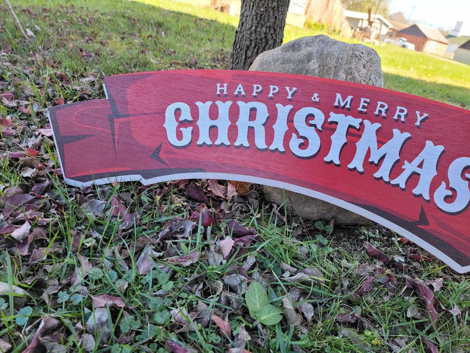 Large Merry and Happy Christmas sign banner for over the door or doorway red wood sign santa hat red and white on rustic wood planks